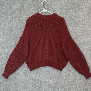 ELODIE Women's Cropped Chunky Knit Sweater - Medium - Wine Colored